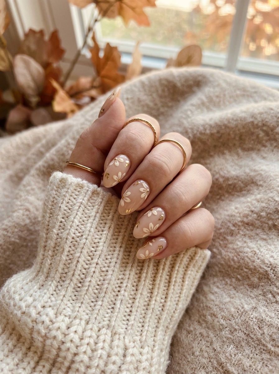 Cream Floral Fall Nails mit zarten cremefarbenen Blumenakzenten